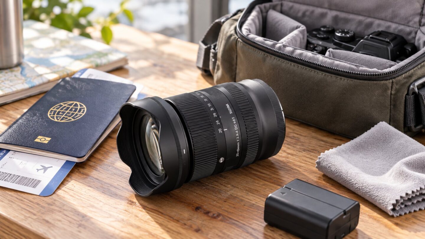 旅行バッグやパスポートとSIGMA 20-60mm F2.8-4 DGを並べた旅行撮影のイメージ