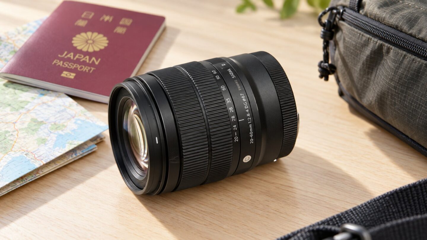 パスポートや地図、カメラバッグとSIGMA 20-60mm F2.8-4 DGを並べた旅行用レンズのイメージ