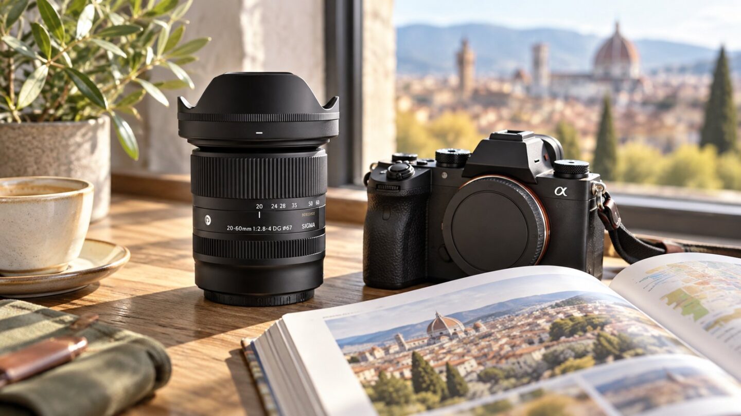 SIGMA 20-60mm F2.8-4 DGとソニーαシリーズを旅行先の窓辺に置いたイメージ