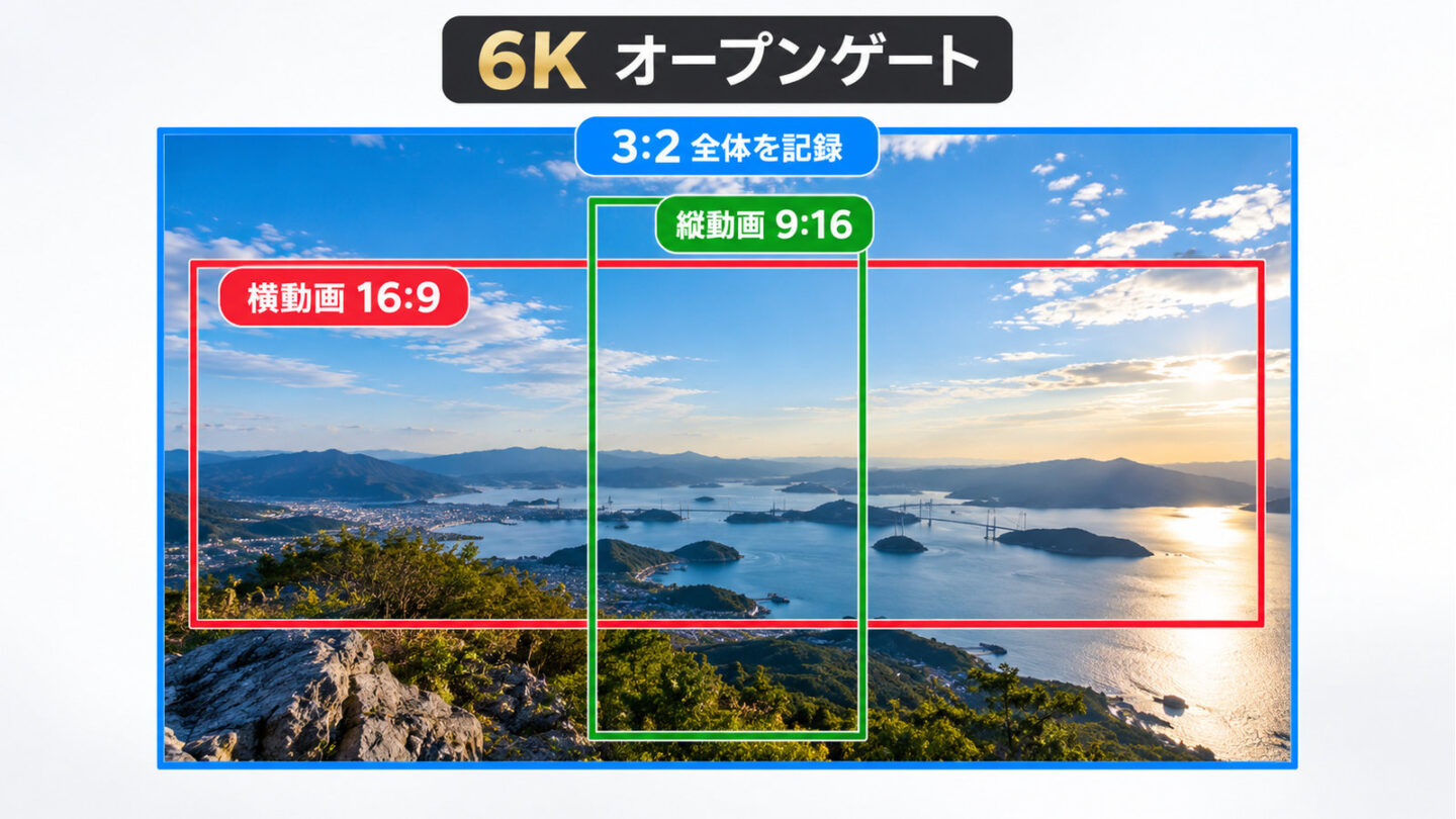 6Kオープンゲート3対2の画面から16対9横動画と9対16縦動画に切り出す概念図