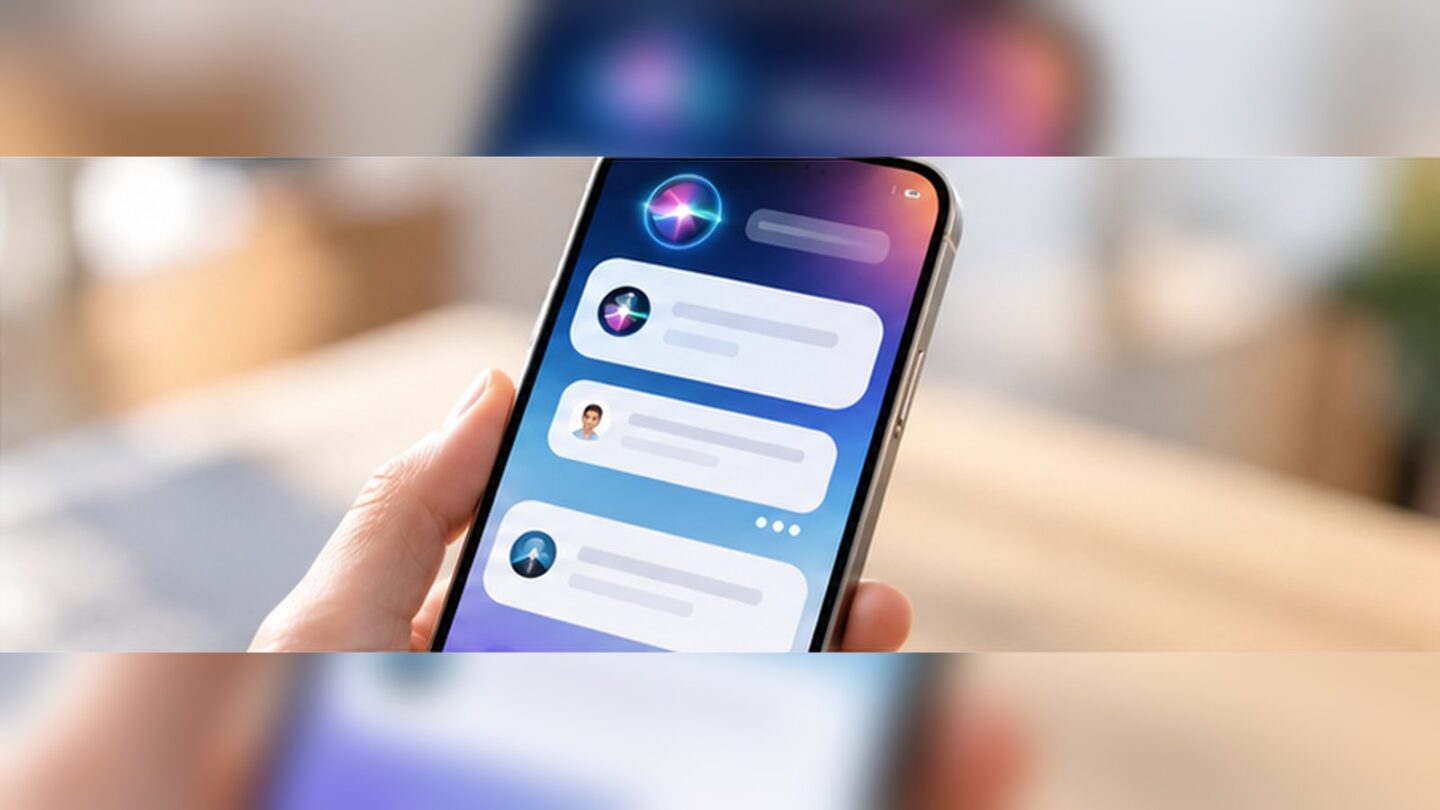 女性の手で持ったiPhoneでSiri AIと自然に会話する様子を表現した実写風イメージ