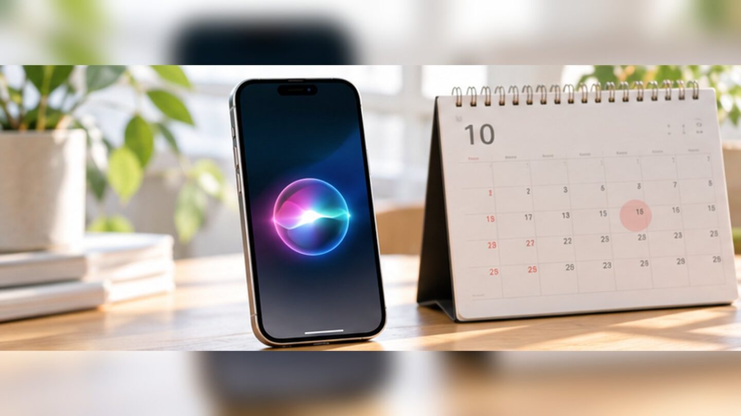 10月のカレンダーとSiri AIをイメージした光を表示するiPhoneを並べた実写風イメージ