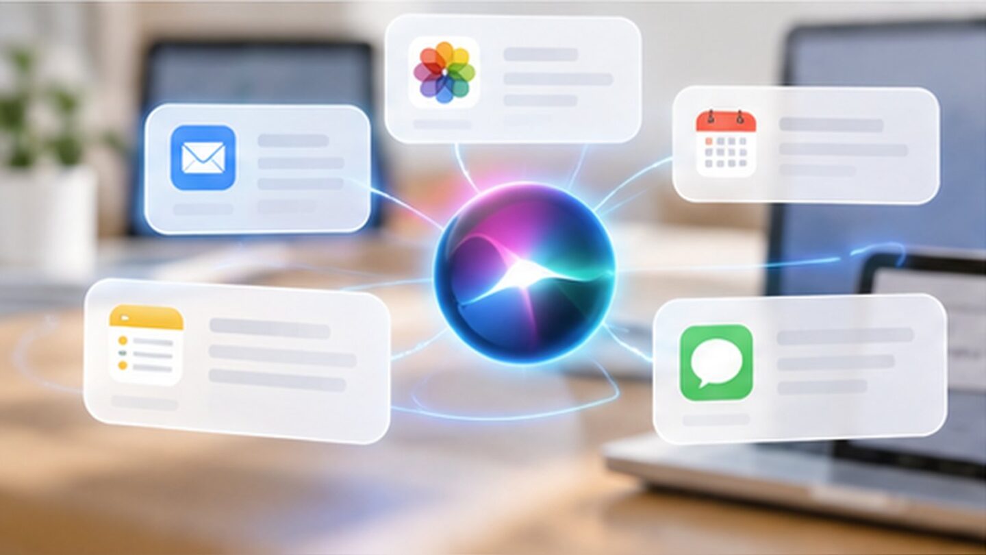 メール、写真、メッセージ、カレンダーなど複数の情報とSiri AIが連携するイメージ