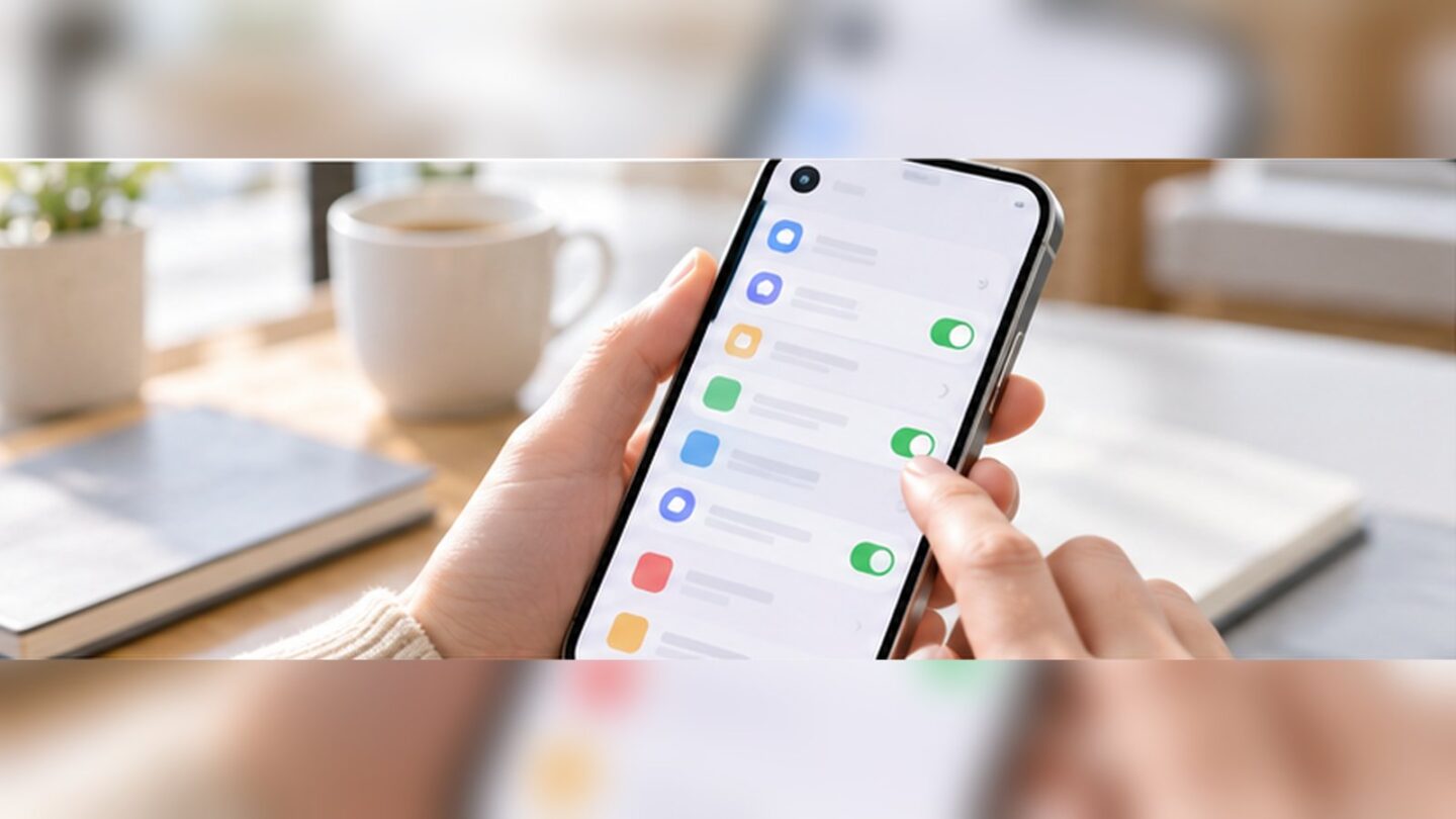 女性の手で持ったiPhoneの設定画面を操作するSiri AI設定の実写風イメージ