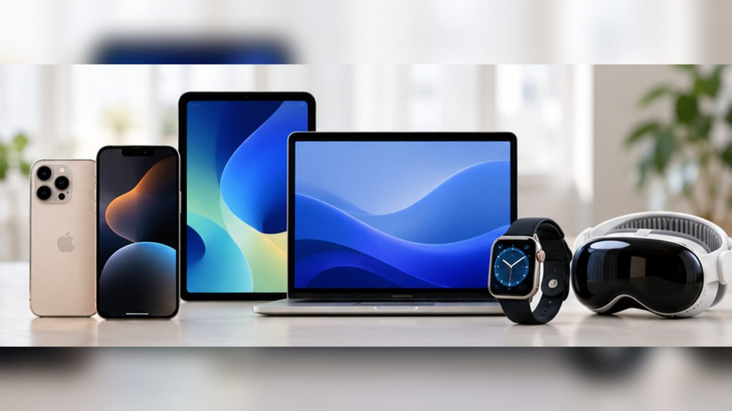 iPhone、iPad、Mac、Apple Watch、Apple Vision Proをデスク上に並べたSiri AI対応デバイスのイメージ