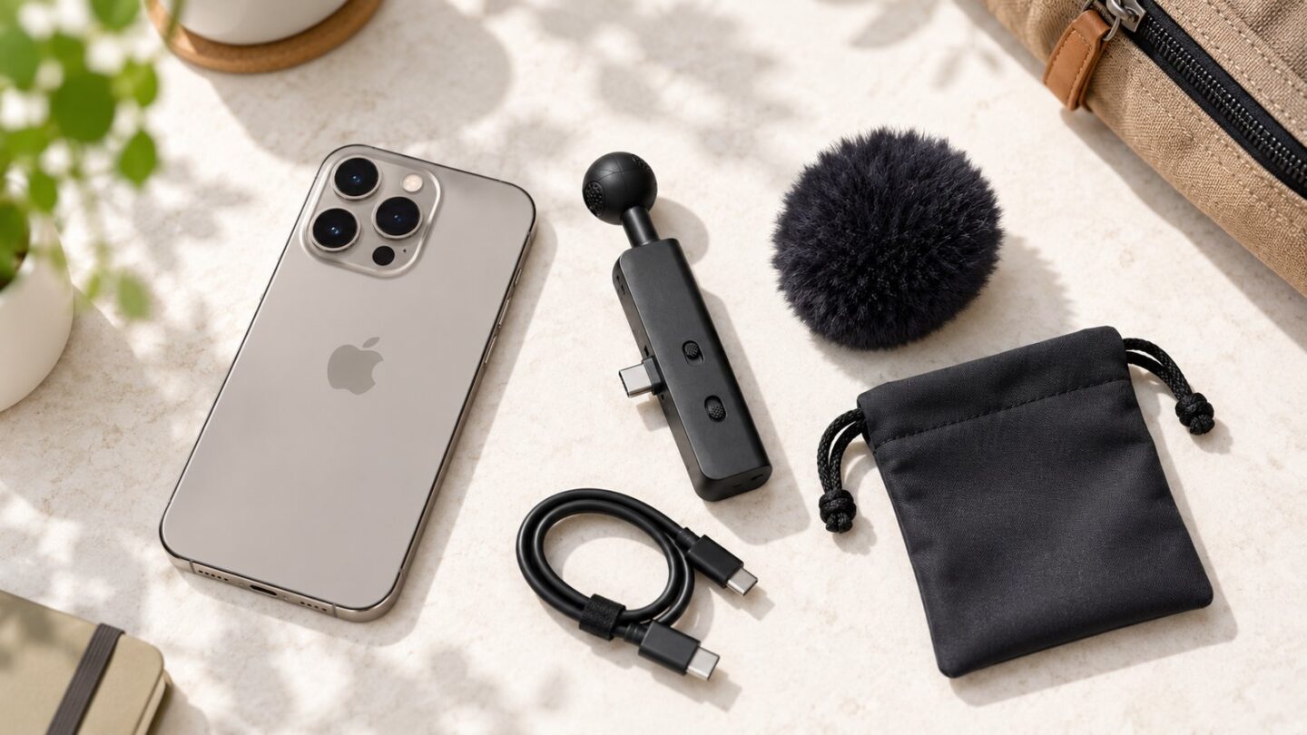 iPhone、SONY ECM-AX10、USB-Cケーブル、ウインドスクリーン、ポーチを並べた撮影セットのイメージ