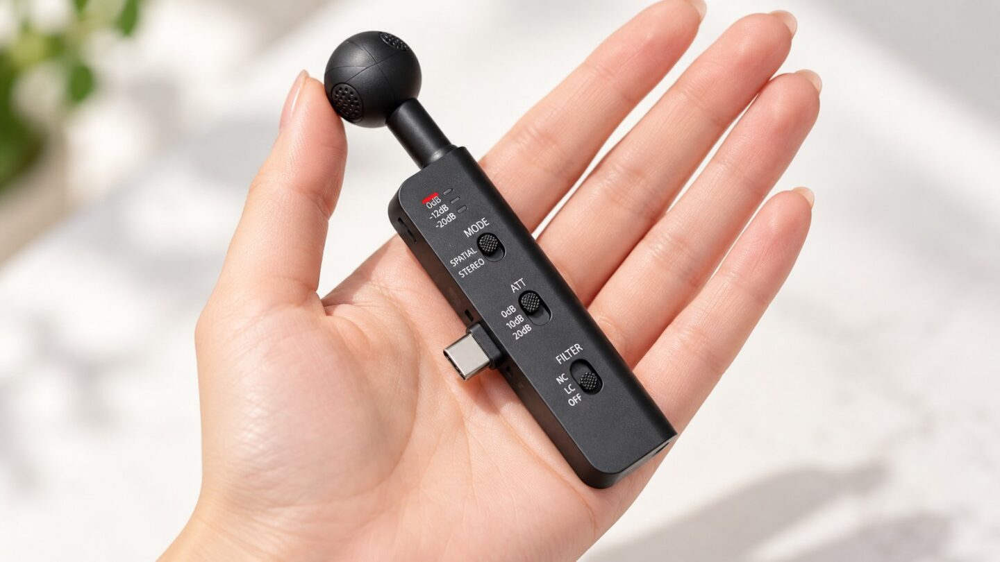 女性の手のひらにSONY ECM-AX10を載せてコンパクトさを示したイメージ