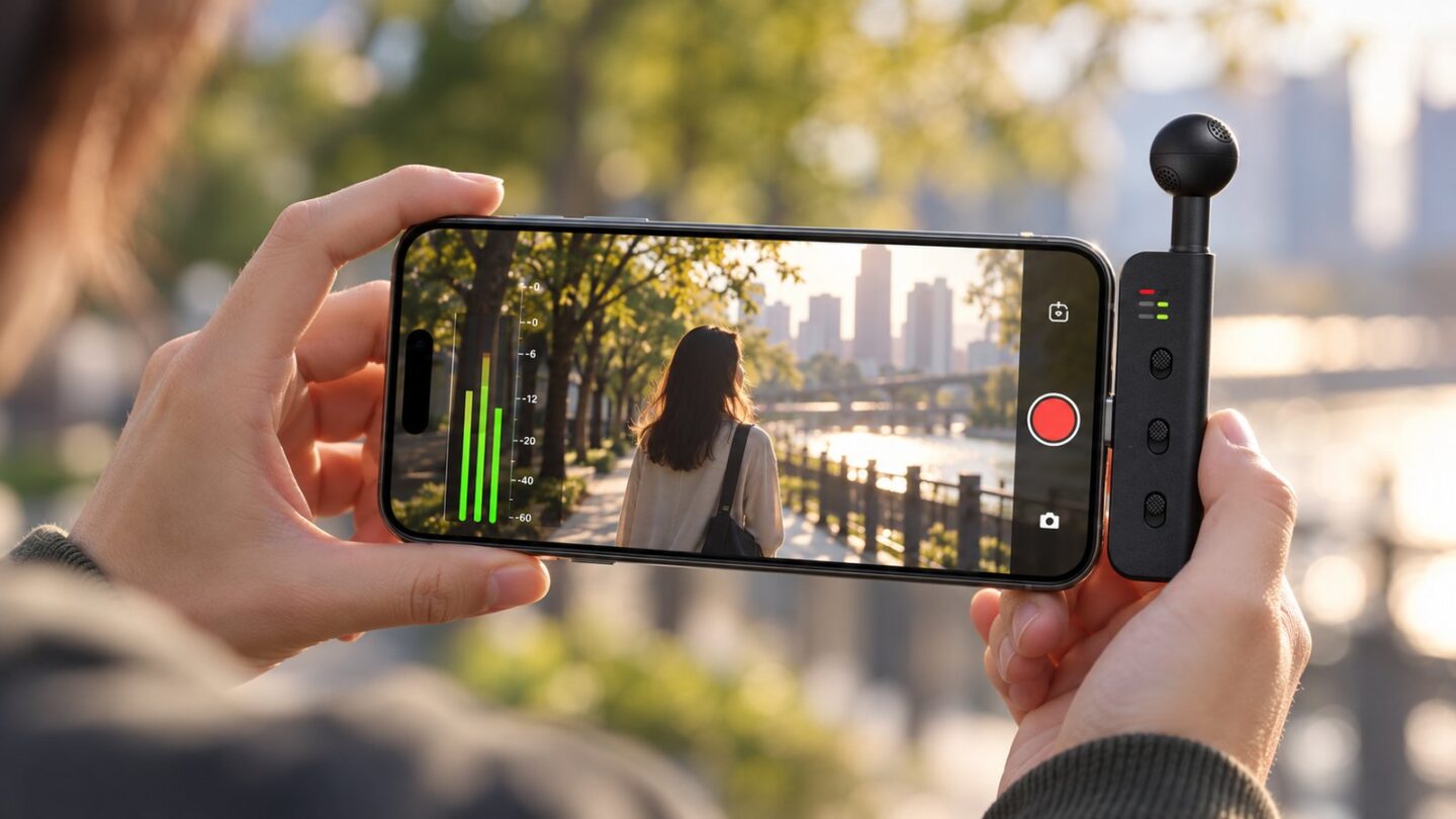 iPhoneにSONY ECM-AX10を接続して動画と環境音を同時に収録するイメージ